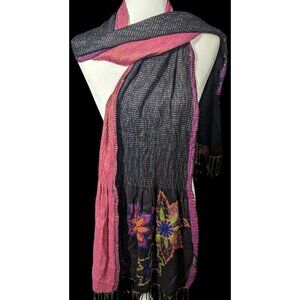 Vintage Bohemian Grey And Pink Floral Embroidered Scarf